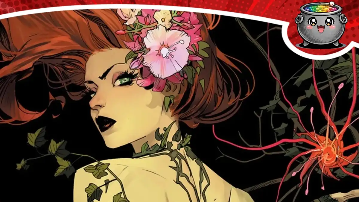 Ilustracja przedstawiająca Poison Ivy z rudymi włosami, kwiatem we włosach i pnączami bluszczu na ciele.