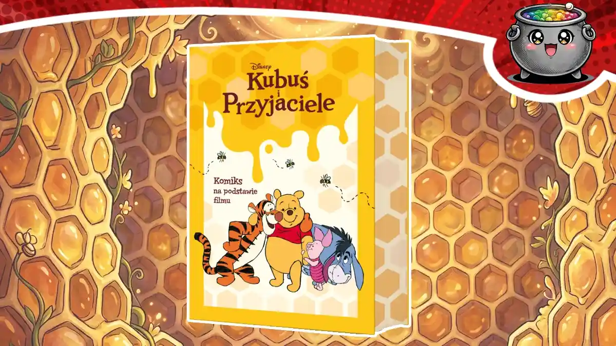 Okładka komiksu Kubuś i Przyjaciele na miodowym tle. Recenzja komiksu Disney ujawnia ciepłą historię o przygodach Puchatka, Tygryska, Prosiaczka i Kłapouchego.