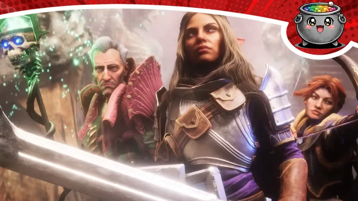 Kadr z gry Dragon Age przedstawiający grupę bohaterów, w tym postacie w zbrojach i z magiczną laską.