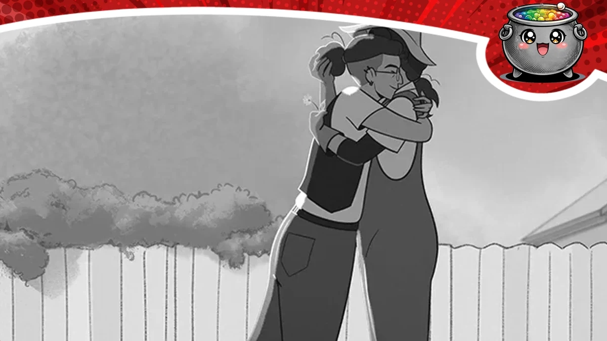 Czarno-biała ilustracja z animacji Tangles przedstawiająca dwie przytulające się postacie na tle płotu i drzew.