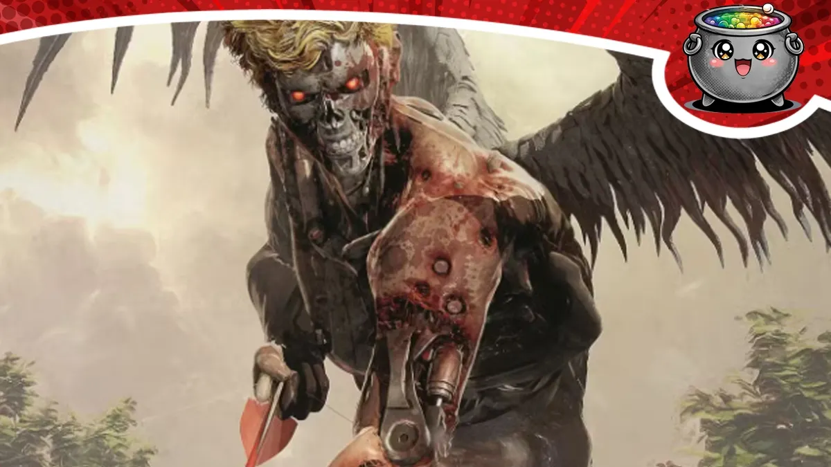 Okładka komiksu przedstawiająca cyborga Terminatora ze skrzydłami i łukiem w stylistyce Amorka.