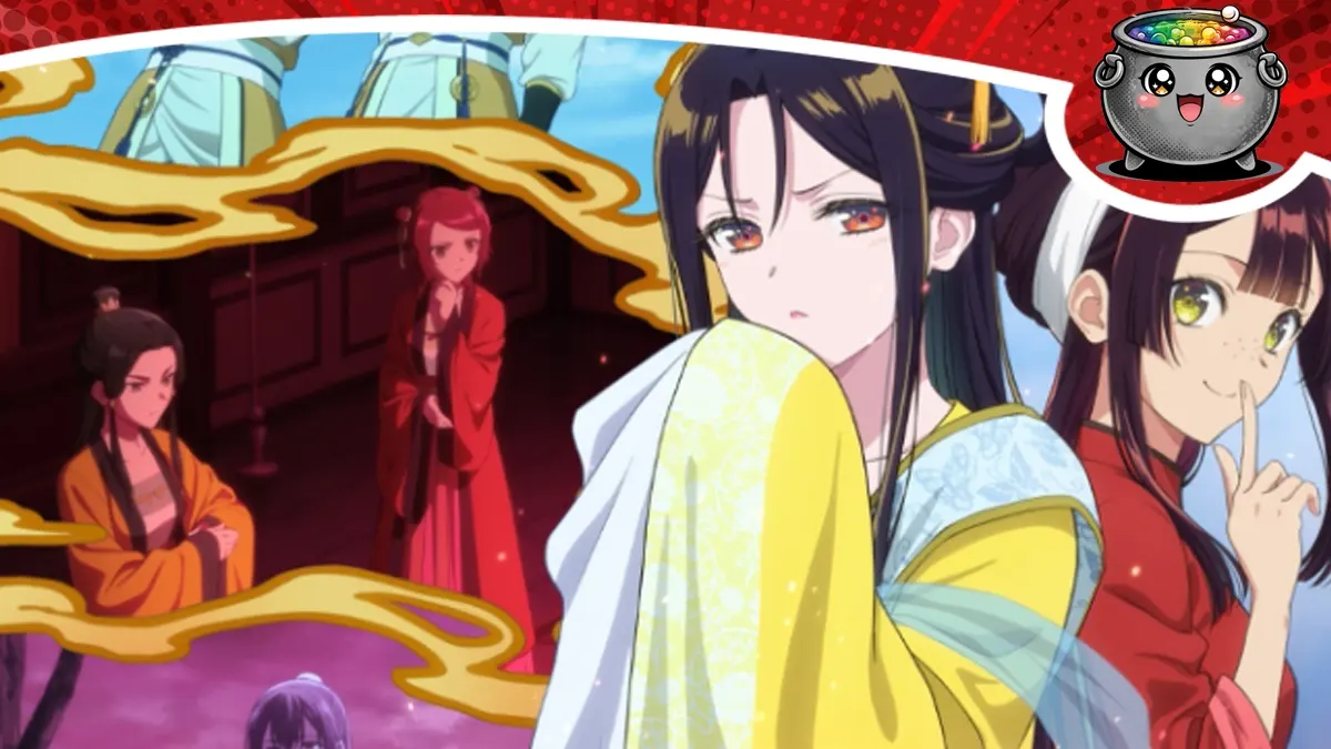 Kadr z anime Though I Am an Inept Villainess przedstawiający postacie w tradycyjnych strojach z żółtymi i czerwonymi akcentami.