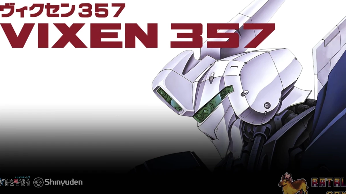 Grafika z tytułowym mechem i logo gry Vixen 357. Klasyczne taktyczne RPG powraca po 34 latach na PC, PS4, PS5, Xbox One, Xbox Series X/S oraz Nintendo Switch.